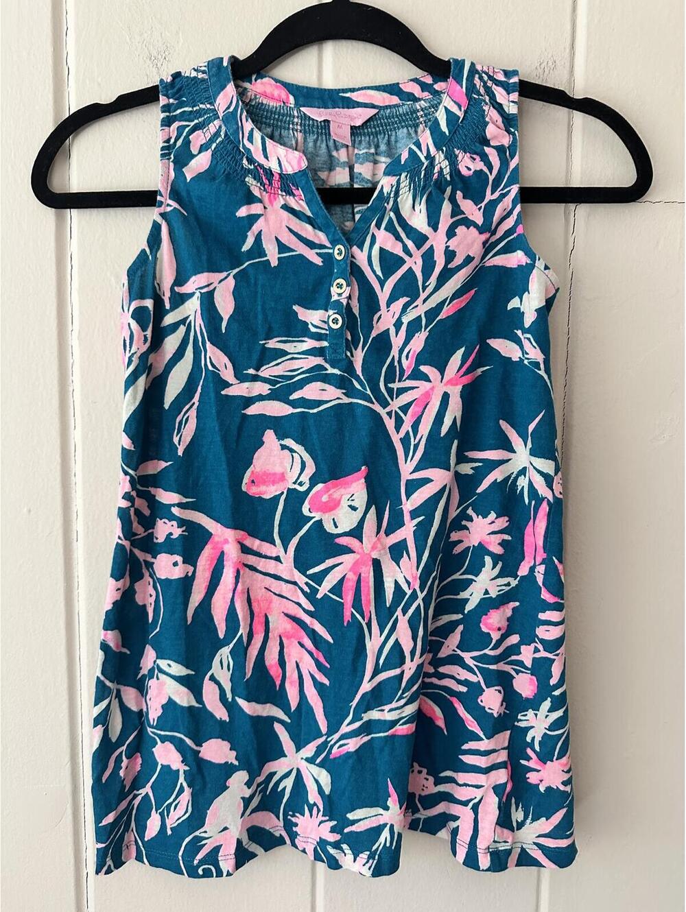 Lilly Pulitzer 100% Cotton Tropical Floral Teal and Pink Tank Top Size Medium